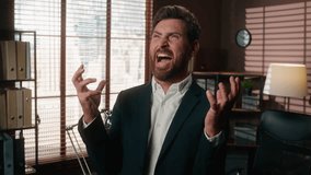 Emotional stressed irritated annoyed exhausted burnout Caucasian businessman in office business man male guy manager worker employer negative angry mad shouting screaming yell shout scream yelling - Powered by Shutterstock - Get 15% off with code: PIKWIZARD15