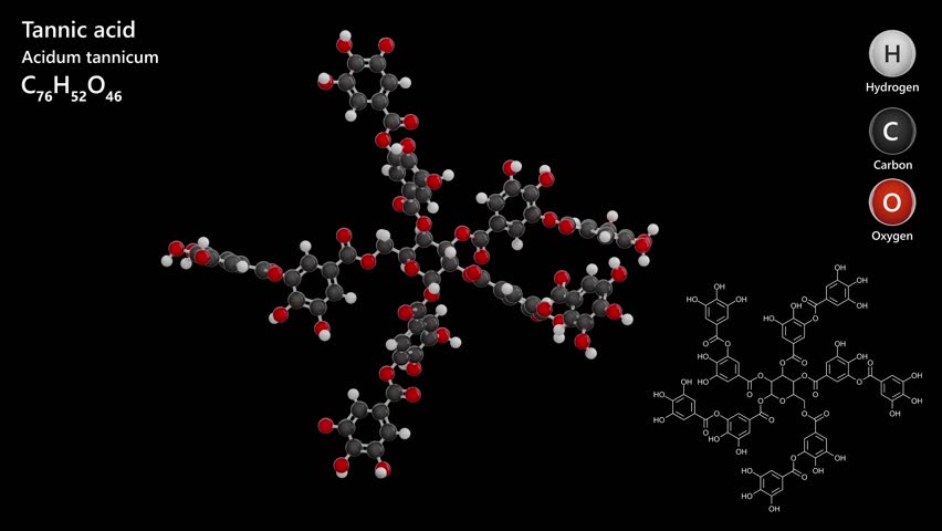 Tannic Acid. Animated 3D model of a molecule. Molecular formula: C76H52O46. Chemical model: Ball and sticks. Black background. 3D rendering. Seamless loop.