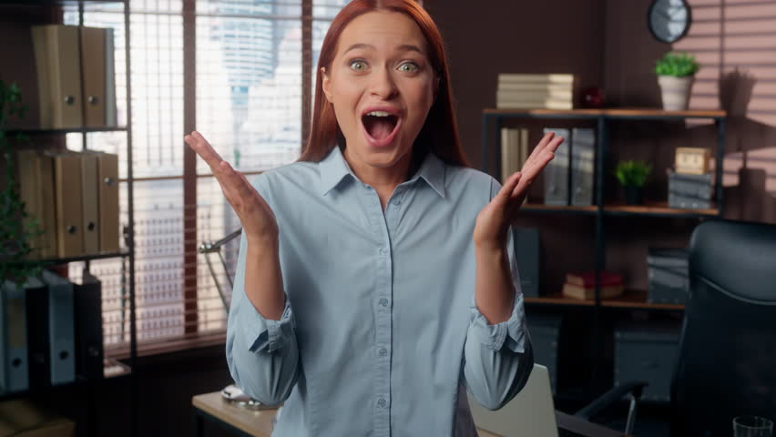 Caucasian excited amazed wonder surprised businesswoman amazing offer opportunity brain explosion head girl lady female business woman in office open mouth big eyes good news say wow winning achieve