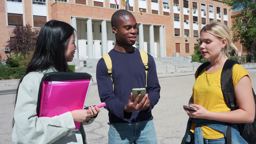 Multiethnic university students talking and using smartphones in front of their university building