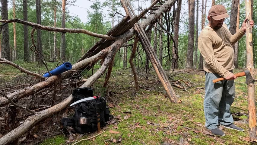 A forester chops sticks in the forest with an axe and builds a shelter