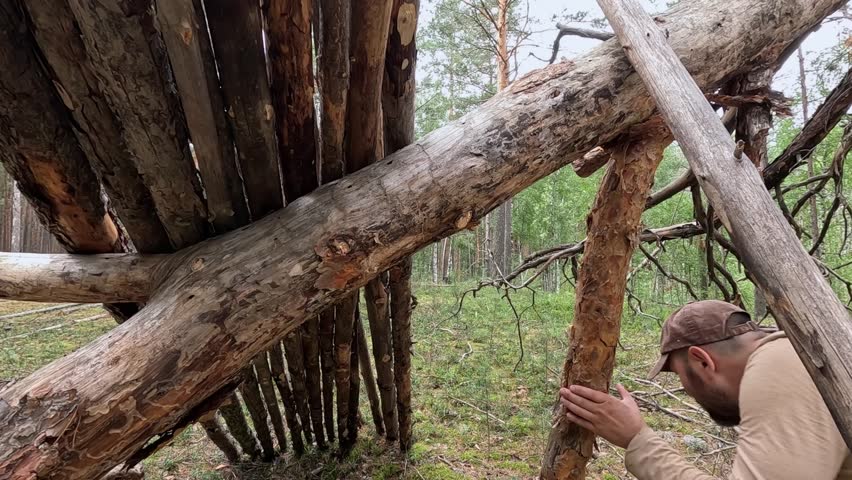 A man builds a shelter in the forest