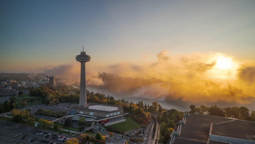Niagara, Ontario, Canada with the falls and tower from dawn.