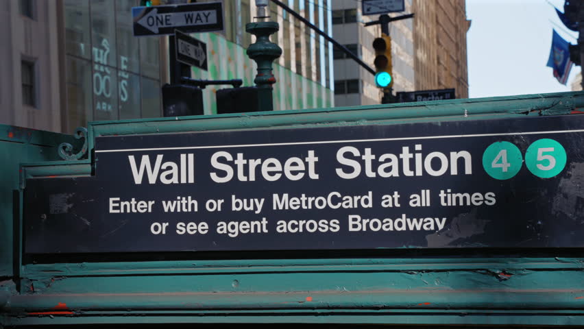 Wall Street - New York Financial Centre. subway stairs at the Wall Street station, New York, America, New York Stock Exchange. Wall Street subway sign in downtown New York City, NY USA