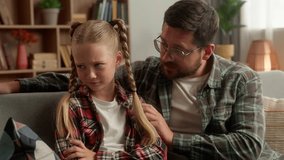 Family argument offended Caucasian child little kid girl avoid ignoring guilty man dad male guy asking forgiveness sorry at home caring parent father apology touch daughter stress difficulty conflict - Powered by Shutterstock - Get 15% off with code: PIKWIZARD15