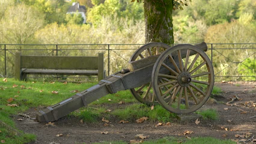 Cannon on wheels, a heavy artillery weapon used in the 19th century. Location : Navarrenx in South West of France. Side view.