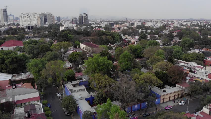 Aerial Top view of Coyoacan neighborhood in Mexico city with drone. Districs Frida Kahlo house museum