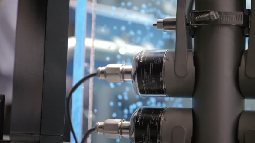 Technical installations for the industrial application of hydrogen set up as demonstrators at a trade fair, blue gas bubbles in slow motion