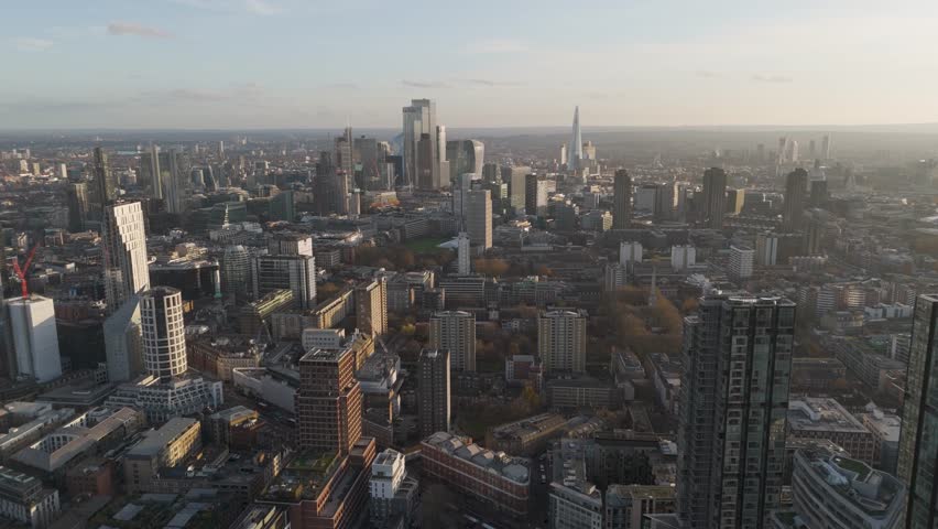 Expansive view of London’s skyline at sunset captured from Old Street and City Road looking toward central London