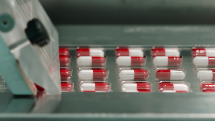 drug manufacturing, Pharmaceutical healthcare medicine production process featuring automated machinery and red-and-white capsules, pharmaceutical industry