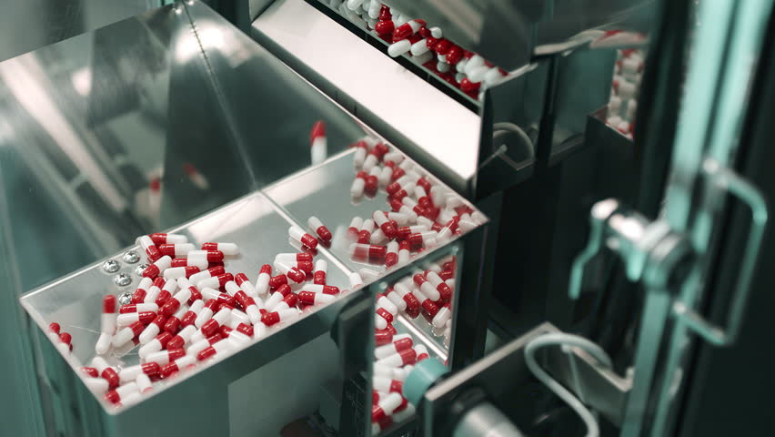 drug manufacturing, Pharmaceutical healthcare medicine production process featuring automated machinery and red-and-white capsules, pharmaceutical industry