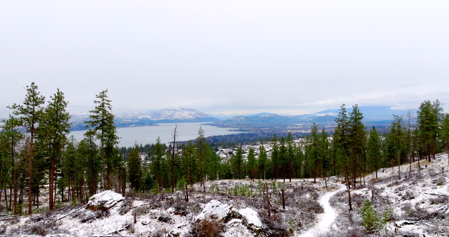 Aerial snowing winter rising drone shot of Kelowna British Columbia Canada overcast trees houses forest Okanangan Lake water