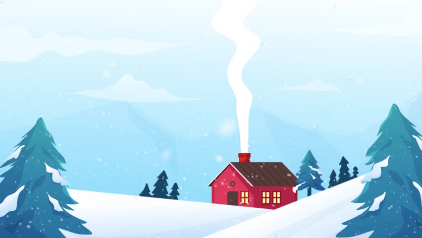 Falling snow and a colorful house. Snowflakes gently fall over the scene, adding to the Christmas spirit.