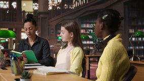 Elementary students receiving support from a tutor working on homework assignments in a diverse learning environment in the school library. Professor guiding her pupils before class. Camera A. - Powered by Shutterstock - Get 15% off with code: PIKWIZARD15