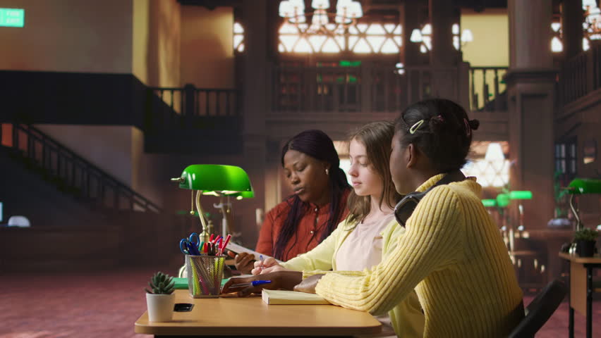 Preteens girls and their professor collaborating on schoolwork at the library, focused on academic materials to write a good essay. Students collect extra information with private lessons. Camera A.
