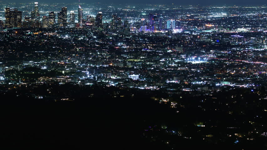 Los Angeles Downtown Neon Night Skyline from Hollywood Hills California USA
