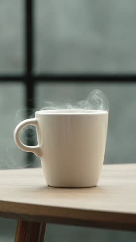 Vertical close up slow motion of a cup of hot coffee on the table of the glazed veranda. Steam rises up from ceramic mug with hot drink. Copy space morning mod background