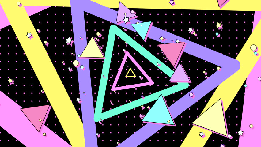Looped colorful spinning triangles motion graphics.