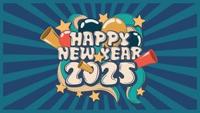 A 4K looping "Happy New Year 2025" animation featuring playful text, colorful balloons, stars, and festive horns over a dynamic blue radial background, creating a fun and celebratory vibe. - Powered by Shutterstock - Get 15% off with code: PIKWIZARD15