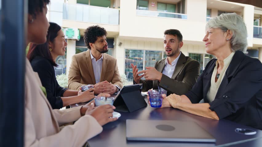 Business, multiethnic, people, financial Business people discussing during coffee break