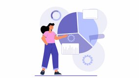 A stylized illustration of a female business analyst analyzing data with pie charts, bar graphs, and analytics. Features modern business attire and a purple-blue color scheme. - Powered by Shutterstock - Get 15% off with code: PIKWIZARD15