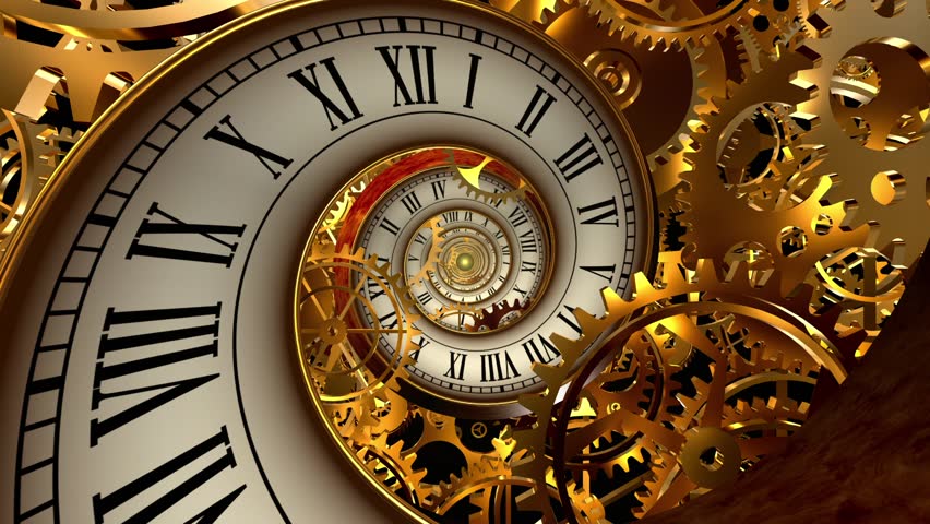 A mesmerizing animation of a spiral composed of interlocking gears, with a vintage clock face adorned with Roman numerals and golden hands at the forefront. The golden hue of the gears reflects luxury