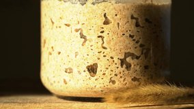 Close-up of fermenting rye sourdough with a bubbly texture, showcasing wild yeast in home baking. Starter in a glass jar with wheat stalk, demonstrating active yeast. Healthy fermented food commercial - Powered by Shutterstock - Get 15% off with code: PIKWIZARD15
