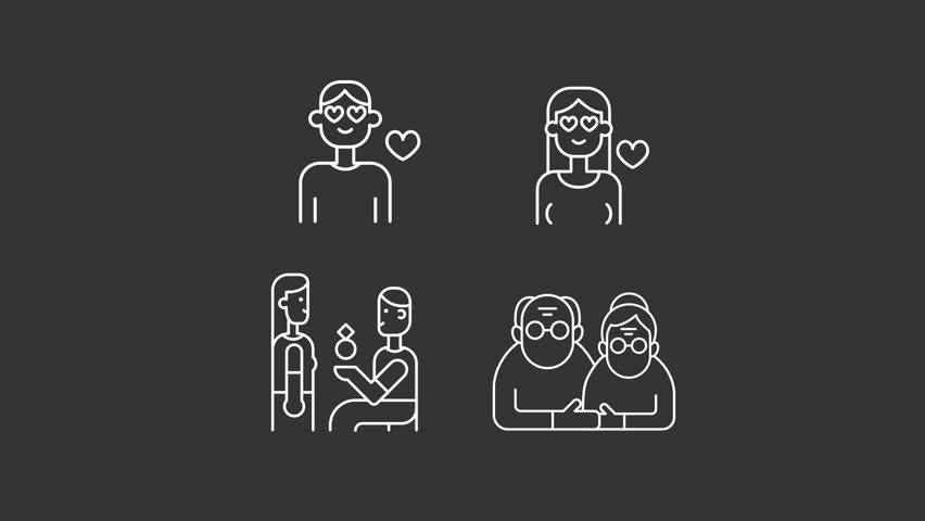 Couple love animation library. Romantic relationships animated white line icons. Proposal marriage, elderly lovers. Isolated illustrations on dark background. Transition alpha. HD video. Icon pack