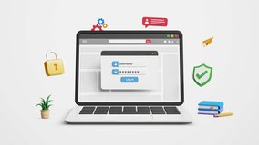 Cyber security concept. Web page login, secure access to user's personal information, data protection and secured internet access. Login page with username and password on 3D laptop. 4K 3D animation - Powered by Shutterstock - Get 15% off with code: PIKWIZARD15