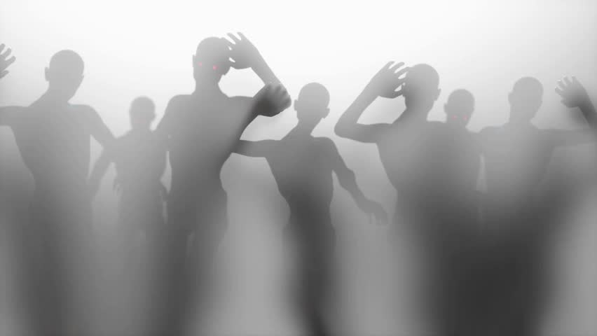 A horror style shot of a zombie army with hand moving out of blur and hitting the glass. Someone wants to go through a thick glass wall and flap arms