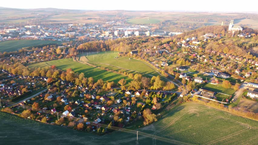 Aerial view of Krnov, Czech Republic with its beautiful landscape, hillside homes, and the Pilgrimage Church. Czech Republic