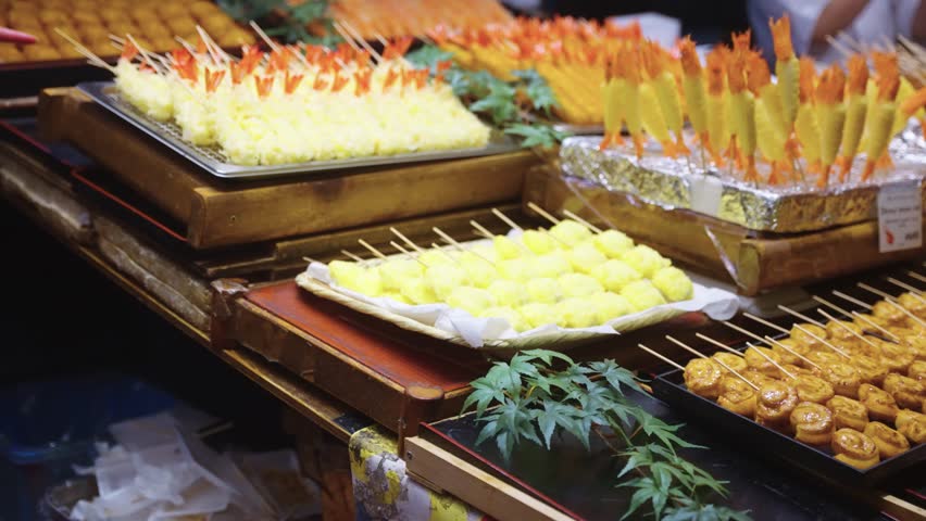 Tempura Shrimp and Fried Foods on Display in Kyoto Teramachi Street
