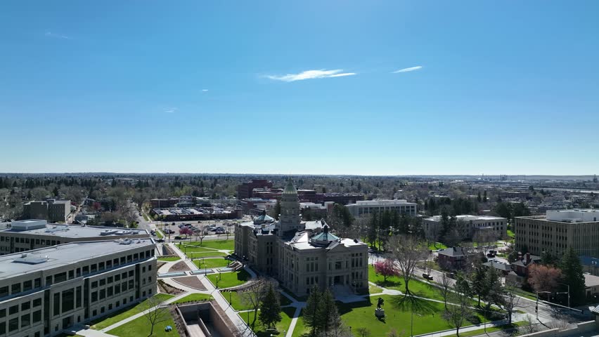 Aerial view of downtown and capitol buildings on a sunny day in Cheyenne, Wyoming