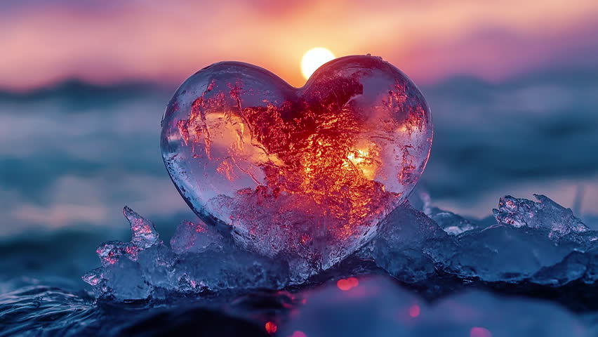 red ice heart in the middle of glacier on sunset, cold love romance dislike indifference rejection concept