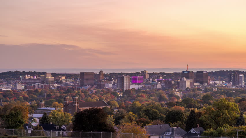 Syracuse, New York, USA downtown cityscape in autumn at dawn.