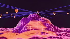Retro synthwave 3D wireframe mountainscape. Orange data points float above, linked by blue lines, against vibrant purple-blue terrain. This futuristic visualization suggests surveying, data analysis,  - Powered by Shutterstock - Get 15% off with code: PIKWIZARD15