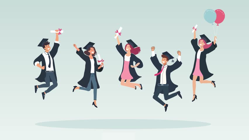 Happy Students jumping joyfully Holding Diplomas in Celebration Day, The students are wearing graduation caps and gowns, with expressions of happiness and excitement.