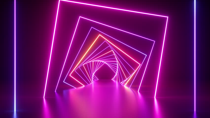 looped 3d animation. Abstract geometric background. Square neon frames rotating, glowing and flashing in the dark