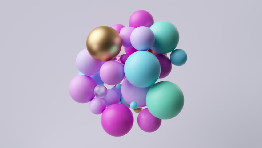looping 3d animation, minimalist abstract background. Multicolored assorted plastic glass gold balls. Lump made of chaotic particles stick together isolated on white background, gravity concept