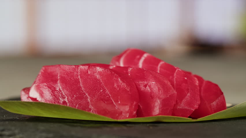 Sushi Sashimi Nigiri Platter, japanese gunkan maki sushi restaurant, Fresh Tuna and Salmon Slices in modern cafe, traditional food, raw red fish dish, omega 3.