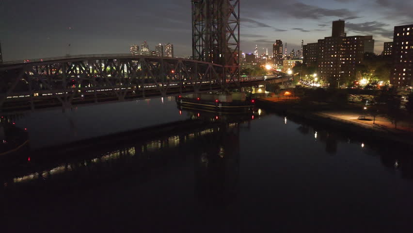 Aerial view of the Metro North Railroad in New York City. Shot at night in 4k.