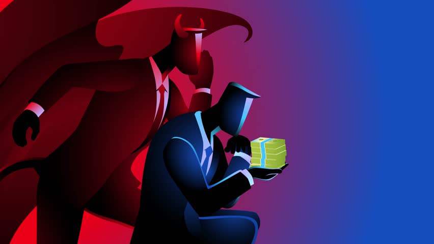 Businessman holding cash, looking pensive, while Satan whispers in his ear, symbolizing the struggle between greed and morality. Perfect for business ethics and financial temptation themes