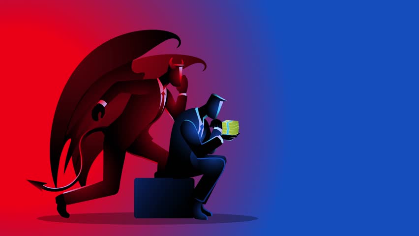 Businessman holding cash, looking pensive, while Satan whispers in his ear, symbolizing the struggle between greed and morality. Perfect for business ethics and financial temptation themes