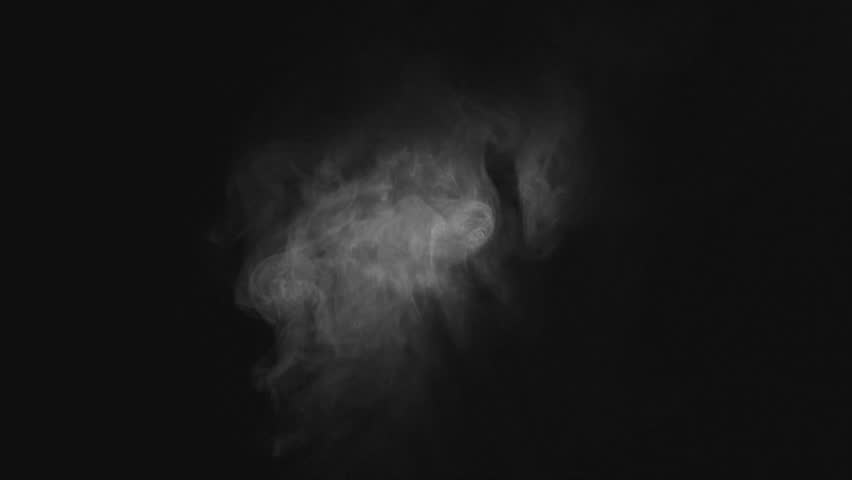 Steam, smoke, vapor isolated on black background. Smoke steam spray, abstract vaporing water, texture of cold mist, hot vapor, fog effect closeup, black screen. Hot food, drink. Overlay using