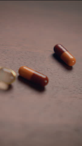 A Vibrant Array of Colorful Capsules Arranged Neatly on a Wooden Surface for Display