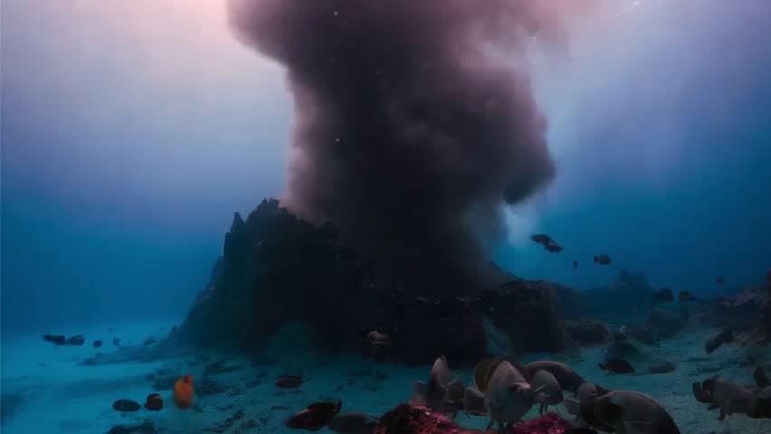 An underwater hydrothermal vent emitting clouds of black smoke, surrounded by alien-like marine creatures.