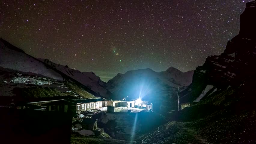 Star - trail 4K Timelapse - Thorong Phedi High Camp, Annapurna Circuit Trek, Nepal