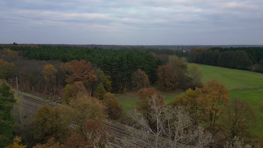 Railroad tracks passing through a vibrant autumn forest bordering a green paddock. Best aerial view flight speed ramp hyper motion time lapse