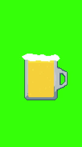 Pixel art Beer Mug vertical Video. Animation of beer glass with bubbles isolated on green screen. Pixel Art Design, classic party and bar beverage for game and stickers