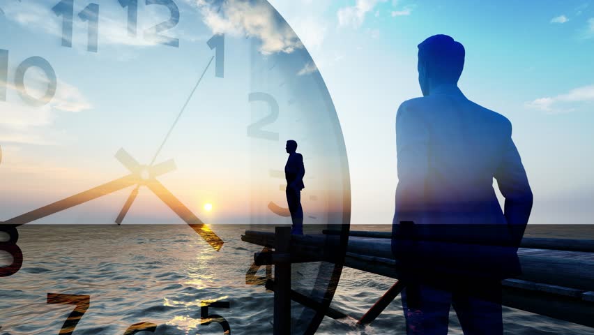 The clock turns, time passes, and the back view of a man thinking